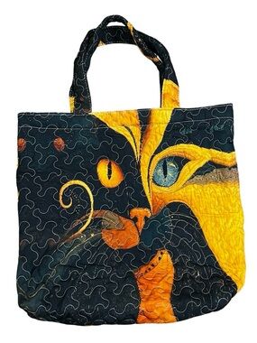 NEW Cat Lovers Large Abstract Art Deco Quilted Cat Tote Bag in Black and Gold